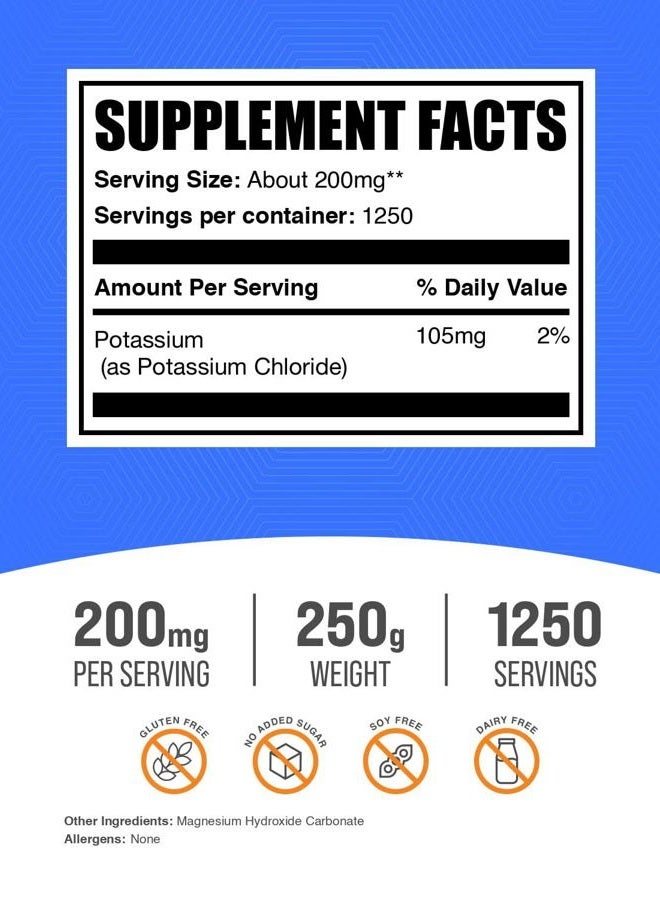 BulkSupplements .com مسحوق كلوريد البوتاسيوم - بديل الملح، ملح البوتاسيوم - خالي من الجلوتين، 200 ملغ لكل حصة، 250 غ (8.8 أونصة) (عبوة من 1) - Image 2