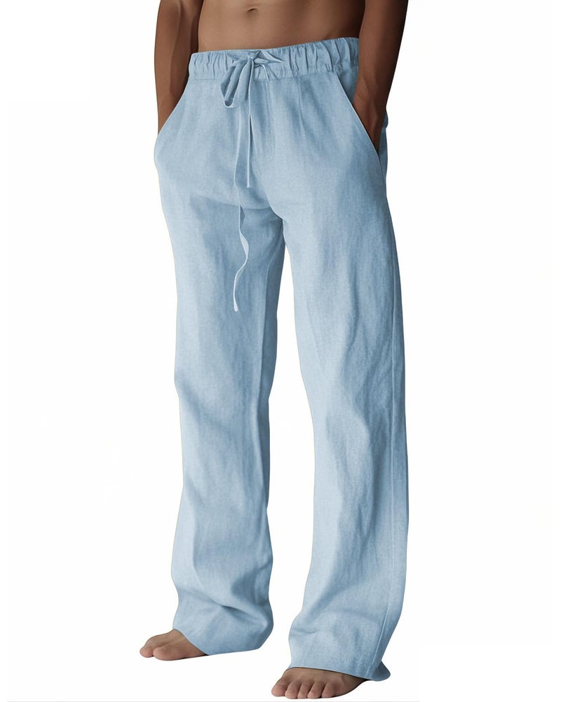 PIDOGYM Mens Cotton Linen Pants, Summer Beach Pants Casual Loose Fit with Elastic Waist Drawstring Light Blue - Image 1
