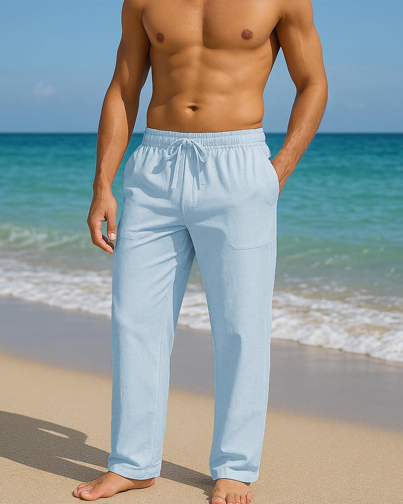 PIDOGYM Mens Cotton Linen Pants, Summer Beach Pants Casual Loose Fit with Elastic Waist Drawstring Light Blue - Image 3