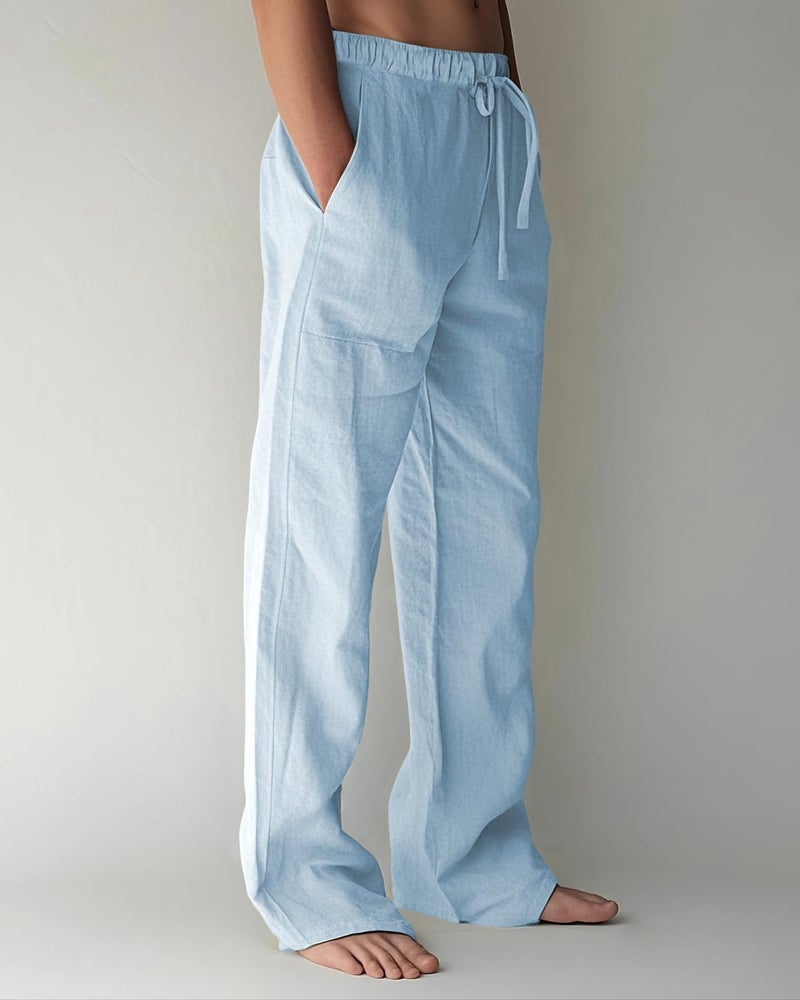 PIDOGYM Mens Cotton Linen Pants, Summer Beach Pants Casual Loose Fit with Elastic Waist Drawstring Light Blue - Image 2