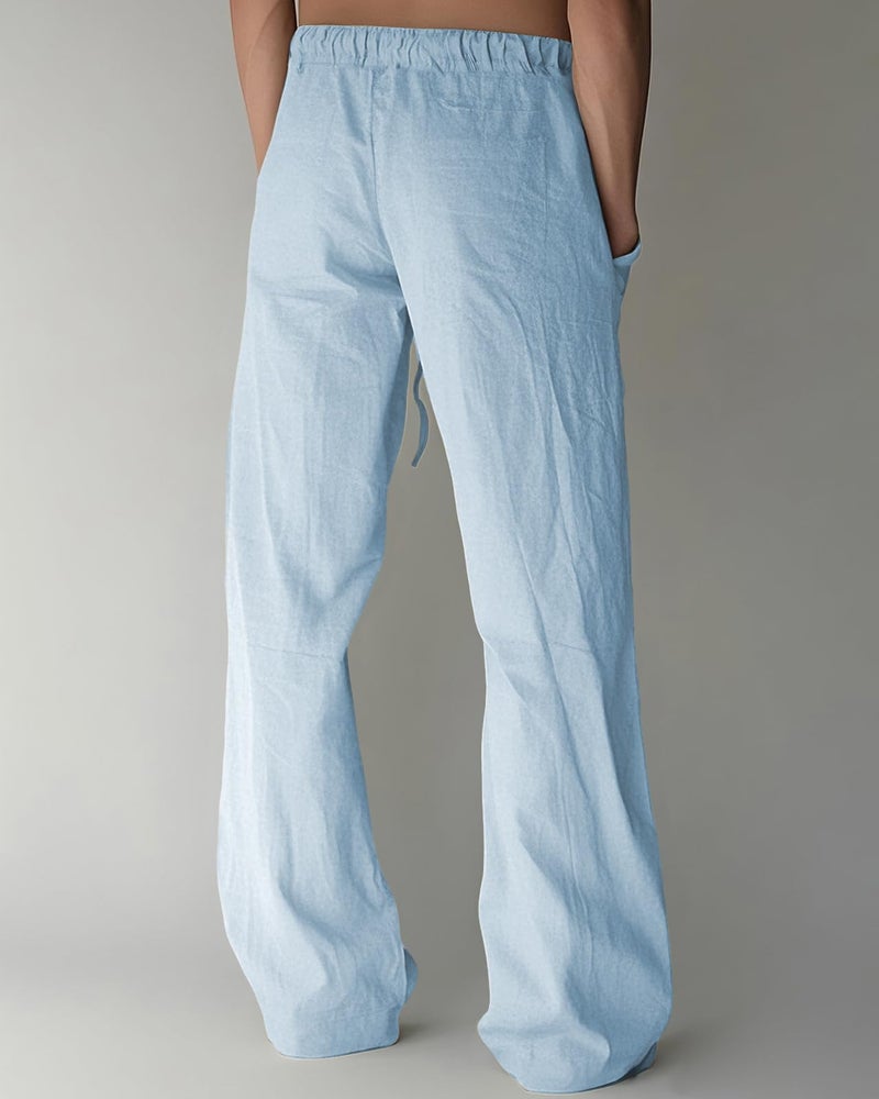 PIDOGYM Mens Cotton Linen Pants, Summer Beach Pants Casual Loose Fit with Elastic Waist Drawstring Light Blue - Image 4