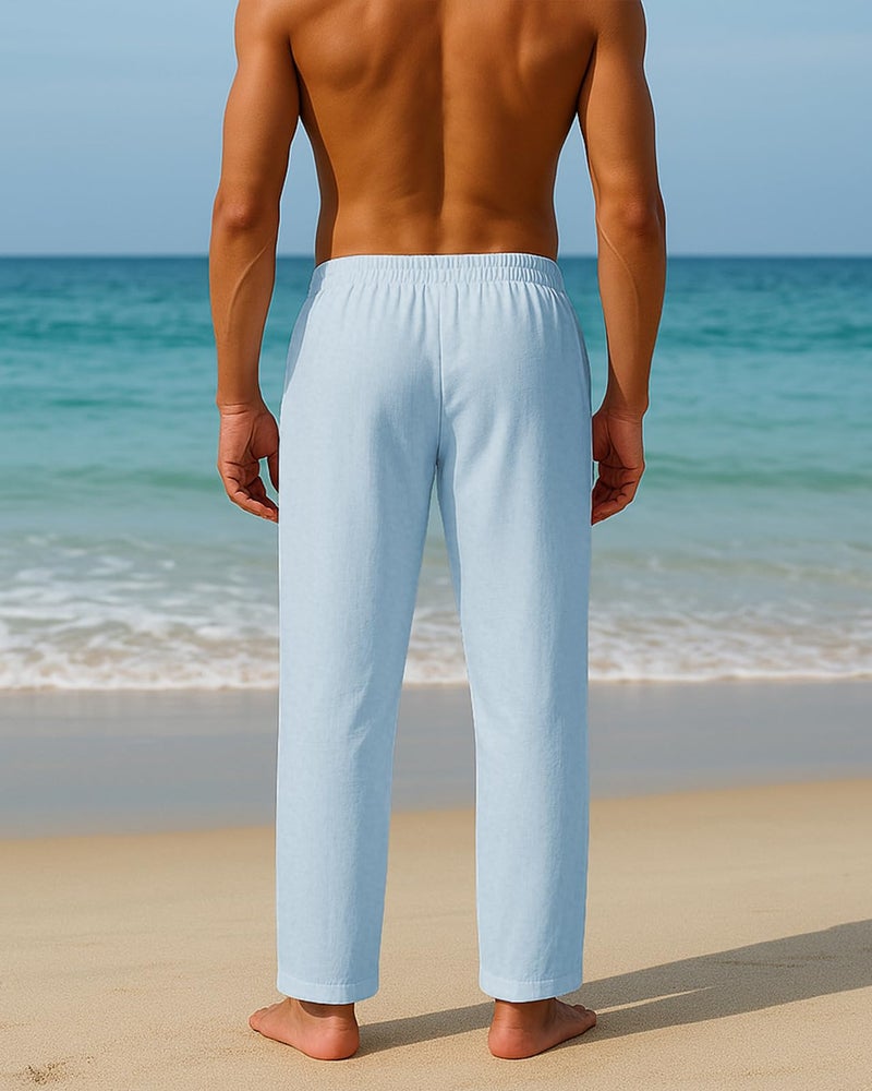 PIDOGYM Mens Cotton Linen Pants, Summer Beach Pants Casual Loose Fit with Elastic Waist Drawstring Light Blue - Image 5