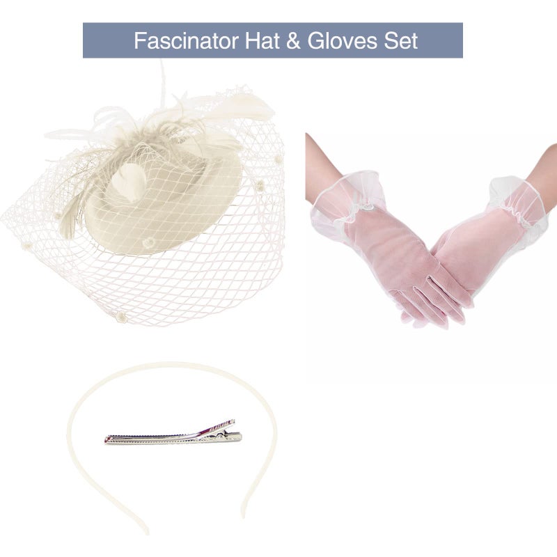 Ibeauti Fascinator Hats with Screentouch Lace Gloves Set for Women Tea Party Cocktail Wedding Derby Headwear Short Gloves (01 Beige-Gloves) - Image 3