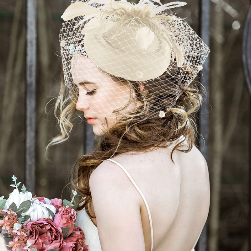 Ibeauti Fascinator Hats with Screentouch Lace Gloves Set for Women Tea Party Cocktail Wedding Derby Headwear Short Gloves (01 Beige-Gloves) - Image 4