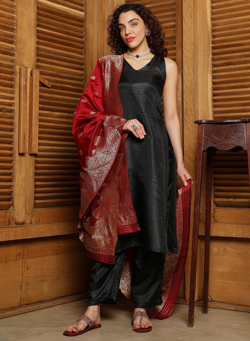  قصة Women's Onyx Black Contrast Lustre Kurta Set  - Image 2