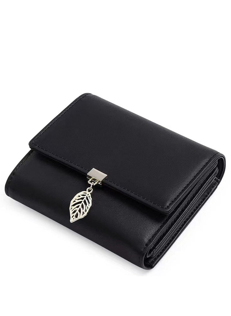 Wallet RFID Shield, Women Trifold PU Coin Purse Credit Card Holder Phone Checkbook Protective Organizer Zipper Bag Tree Leaf Pendant (Black)  - Image 1