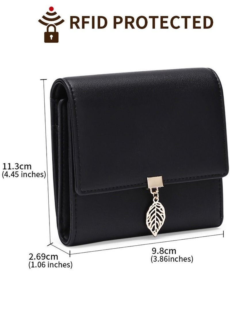 Wallet RFID Shield, Women Trifold PU Coin Purse Credit Card Holder Phone Checkbook Protective Organizer Zipper Bag Tree Leaf Pendant (Black)  - Image 3