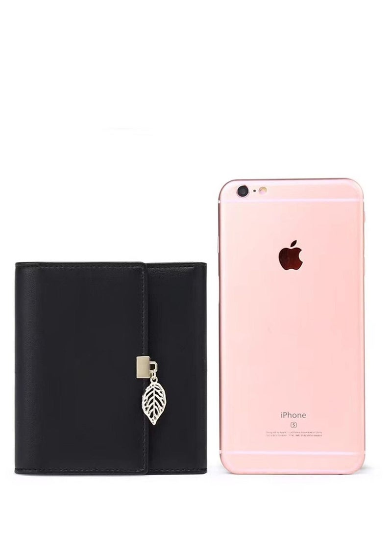 Wallet RFID Shield, Women Trifold PU Coin Purse Credit Card Holder Phone Checkbook Protective Organizer Zipper Bag Tree Leaf Pendant (Black)  - Image 5