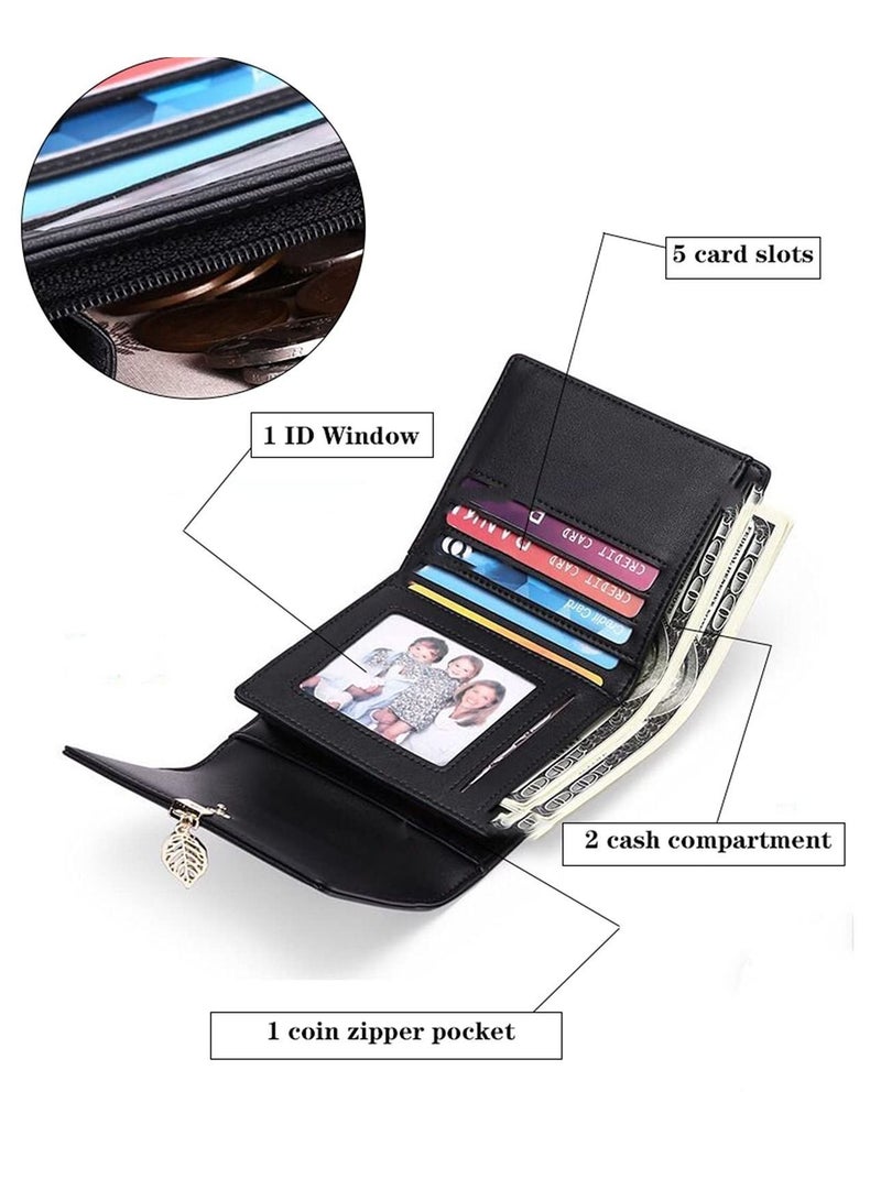 Wallet RFID Shield, Women Trifold PU Coin Purse Credit Card Holder Phone Checkbook Protective Organizer Zipper Bag Tree Leaf Pendant (Black)  - Image 2