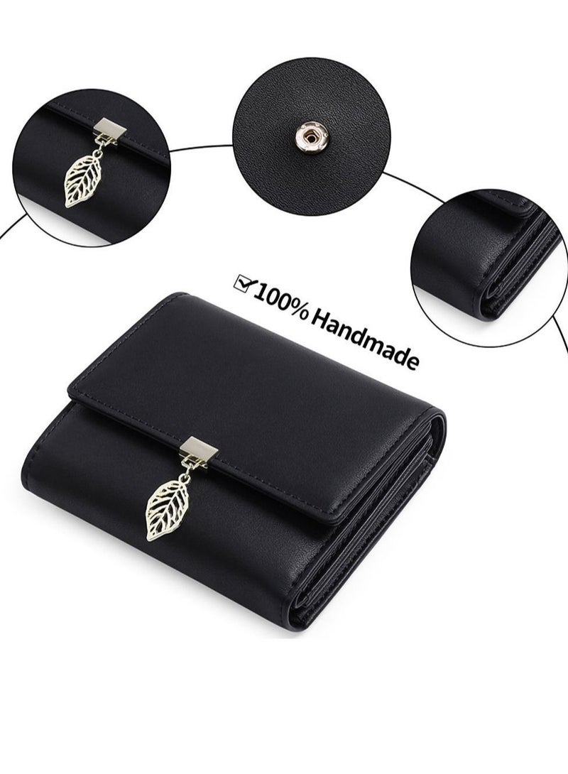 Wallet RFID Shield, Women Trifold PU Coin Purse Credit Card Holder Phone Checkbook Protective Organizer Zipper Bag Tree Leaf Pendant (Black)  - Image 4
