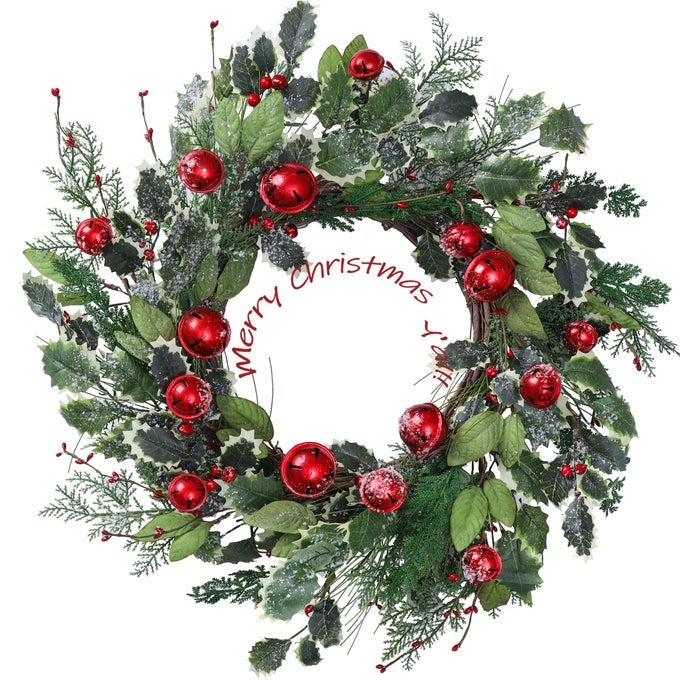 20 INCH WINTER WREATH FOR FRONT DOOR WINTER WREATHS WITH PINE NEEDLES HOLLY RED BELLS ARTIFICIAL DOOR SNOWY WREATHS FOR OUTDOOR INDOOR REEF FARMHOUSE WINDOWS WALL HOLIDAY DECORATION