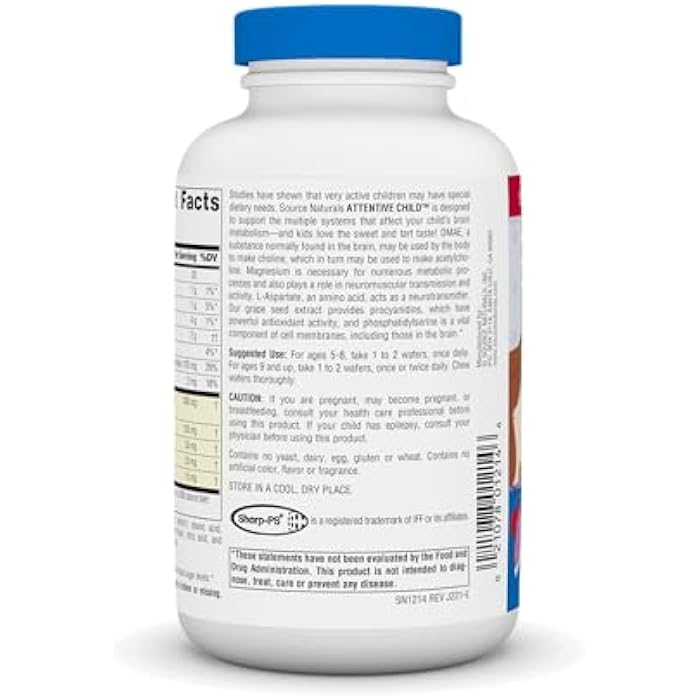 Source Naturals Attentive Child - Healthy Cognitive Nutrients for Active Children - Improved Focus & Attention with DMAE, Magnesium, Zinc & Grape Seed Extract - 60 Chewable Wafers. - Image 3