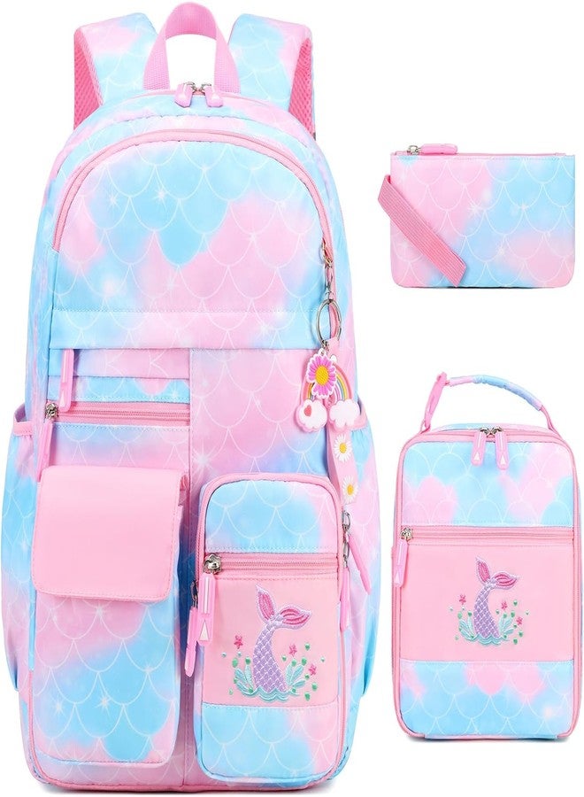 ADSON Mermaid Kawaii (3Pcs Set) Backpack, Cute Rainbow School Backpack for Girls with Insulated Lunch Box Pen Case Set, Kids Backpack Kindergarten Elementary School Book Bag for Girls(Multi Colour) - Image 1