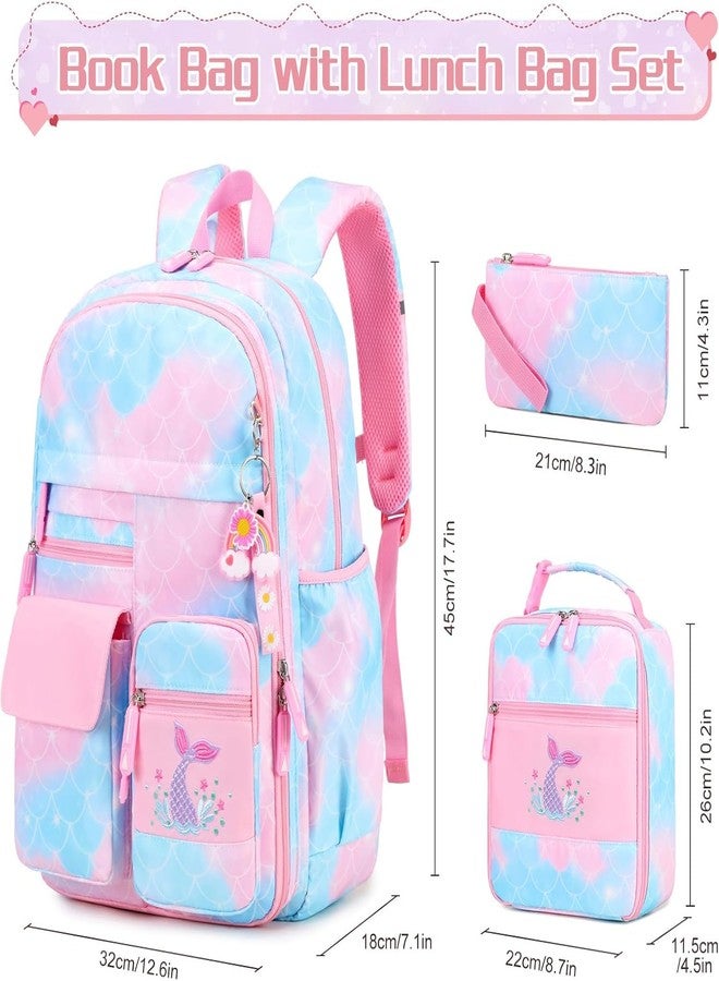 ADSON Mermaid Kawaii (3Pcs Set) Backpack, Cute Rainbow School Backpack for Girls with Insulated Lunch Box Pen Case Set, Kids Backpack Kindergarten Elementary School Book Bag for Girls(Multi Colour) - Image 2