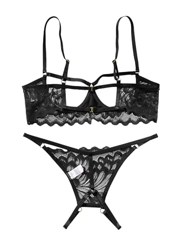 Lilosy Women's Sexy Underwire Floral Lace Sheer Bachelorette Lingerie Set See Through Bra and Panty 2 Piece Black Medium - Image 3