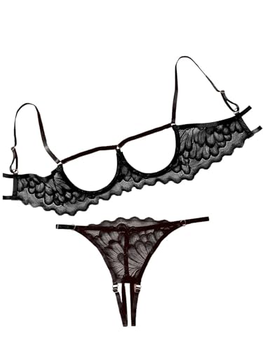 Lilosy Women's Sexy Underwire Floral Lace Sheer Bachelorette Lingerie Set See Through Bra and Panty 2 Piece Black Medium - Image 1