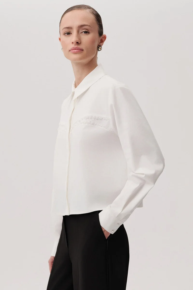 EXQUISE Cotton Long Sleeve Crystal Embellished Slim Fit Bone Shirt