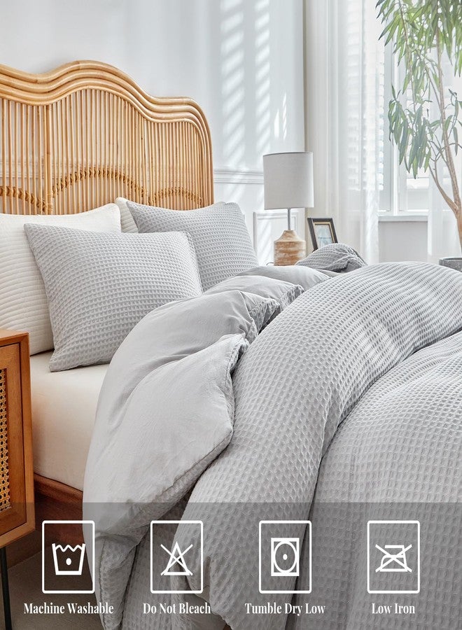 WARMDERN Waffle Weave Queen Size Duvet Cover, Light Grey Microfiber Duvet Cover Set, Soft and Breathable Comforter Cover, Textured 3 Pieces Bedding Set for All Season(Light Grey,Queen) - Image 2