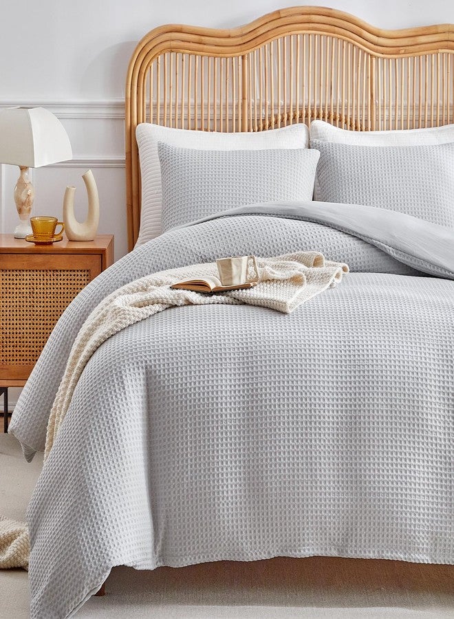 WARMDERN Waffle Weave Queen Size Duvet Cover, Light Grey Microfiber Duvet Cover Set, Soft and Breathable Comforter Cover, Textured 3 Pieces Bedding Set for All Season(Light Grey,Queen) - Image 1