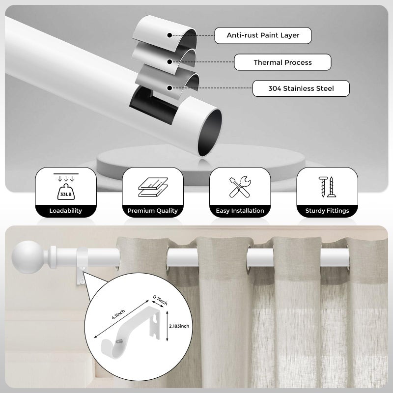 Wolistsa White Curtain Rod, 1 Inch Adjustable Heavy Duty Curtain Rods for Windows 48 to 84 Inch, Decorative Modern Window Treatment Rods, Telescopic Splicing Metal Drapery Pole, Easy Installation - Image 4