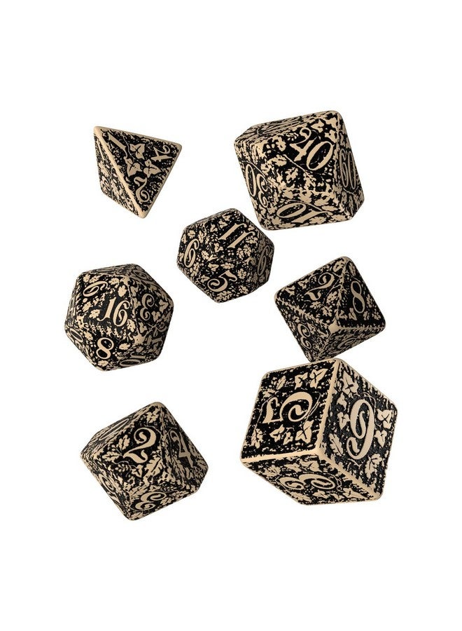 Q WORKSHOP Forest Engraved beige & black RPG ornamented Dice Set 7 polyhedral pieces - Image 1