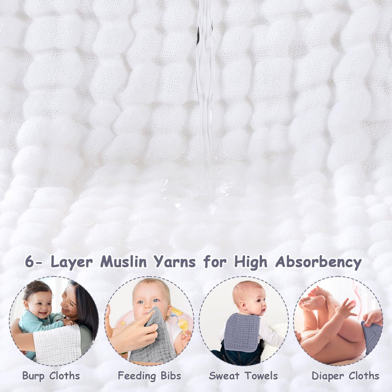Looxii Muslin Burp Cloths 100% Cotton Muslin Cloths Large 20''x10'' Extra Soft and Absorbent 6 Pack Baby Burping Cloth for Boys and Girls White+Gray - Image 4