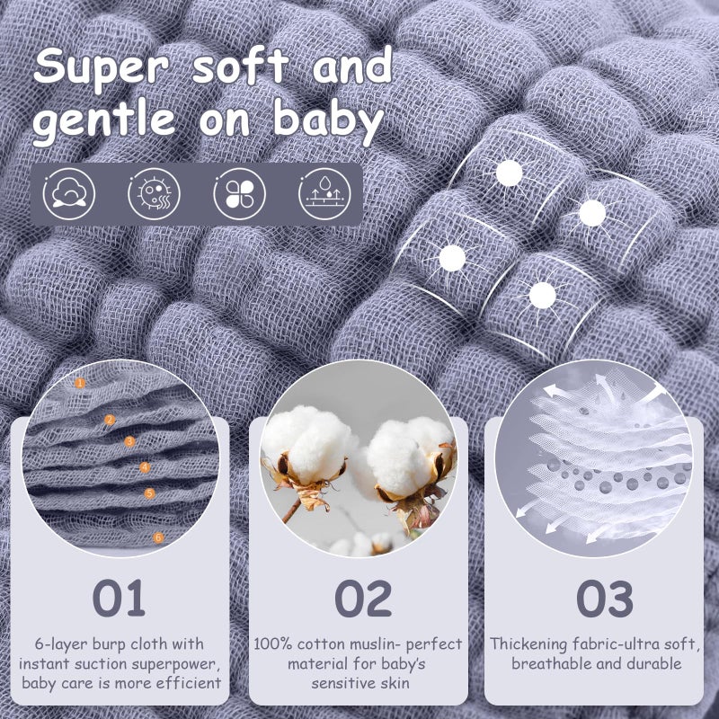 Looxii Muslin Burp Cloths 100% Cotton Muslin Cloths Large 20''x10'' Extra Soft and Absorbent 6 Pack Baby Burping Cloth for Boys and Girls White+Gray - Image 2
