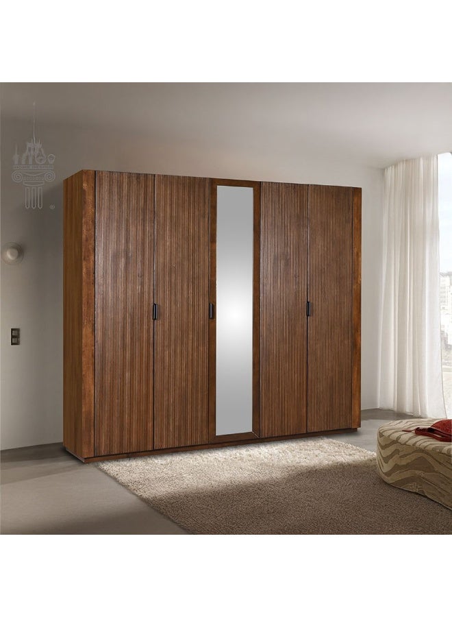DANUBE HOME Zenia 5 Door Solid Wood Wardrobe with Mirror - Dark Brown Swing Door Wardrobe for Bedroom Storage, 5 Shelves, Durable Furniture, Size: L215.3xW60xH206.1cm