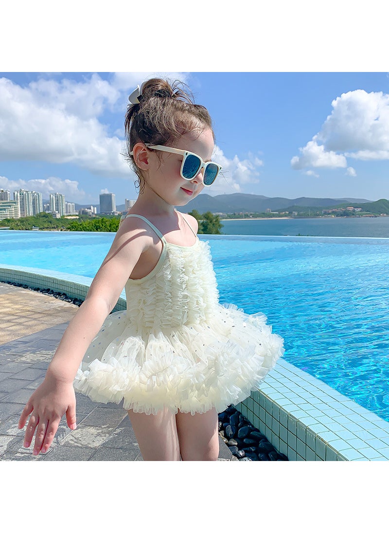 Generic - Summer Swimsuit 2023 New One-piece Swimsuit Princess Swimsuit Sling Puffy Girls Vacation Swimsuit with Swimsuit Cap White (with hat) - Image 1