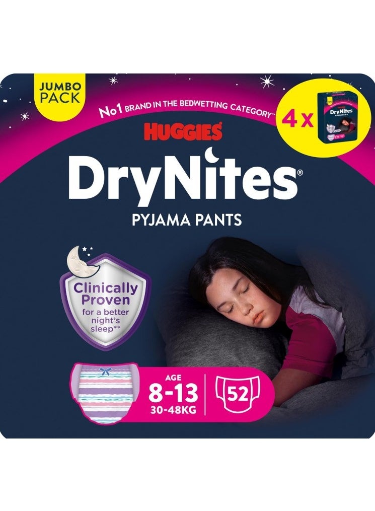 HUGGIES DryNites Pyjama Pants, 8-13 years, Bed Wetting Diaper, Girl, 30-48 kg, Jumbo Pack, 13 Pants - Image 1