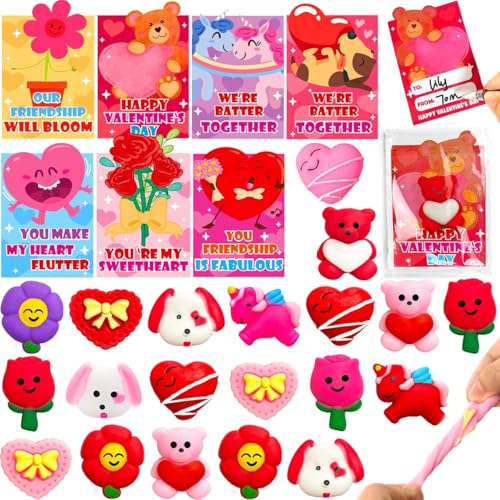 AMENON 28 Pack Valentines Day Gifts for Kids Classroom School Mochi Squishy with Valentines Day Cards Kawaii Squeeze Stress Relief Fidget Toys Valentines Party Favors Exchange Prizes Toddlers Boys Girls - Image 1