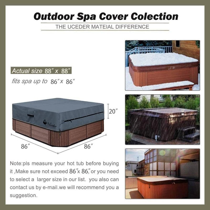 UCEDER Waterproof Hot Tub Cover -Outdoor Spa Cover Cap(Actual Size 88''x88 x20'' Fit 86''x86 x 20'') 600D Heavy Duty Polyester Hot Tub Cover Protector(Dark Gray) - Image 2