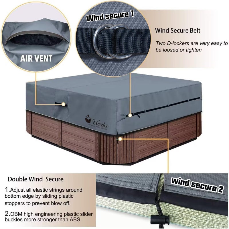 UCEDER Waterproof Hot Tub Cover -Outdoor Spa Cover Cap(Actual Size 88''x88 x20'' Fit 86''x86 x 20'') 600D Heavy Duty Polyester Hot Tub Cover Protector(Dark Gray) - Image 4