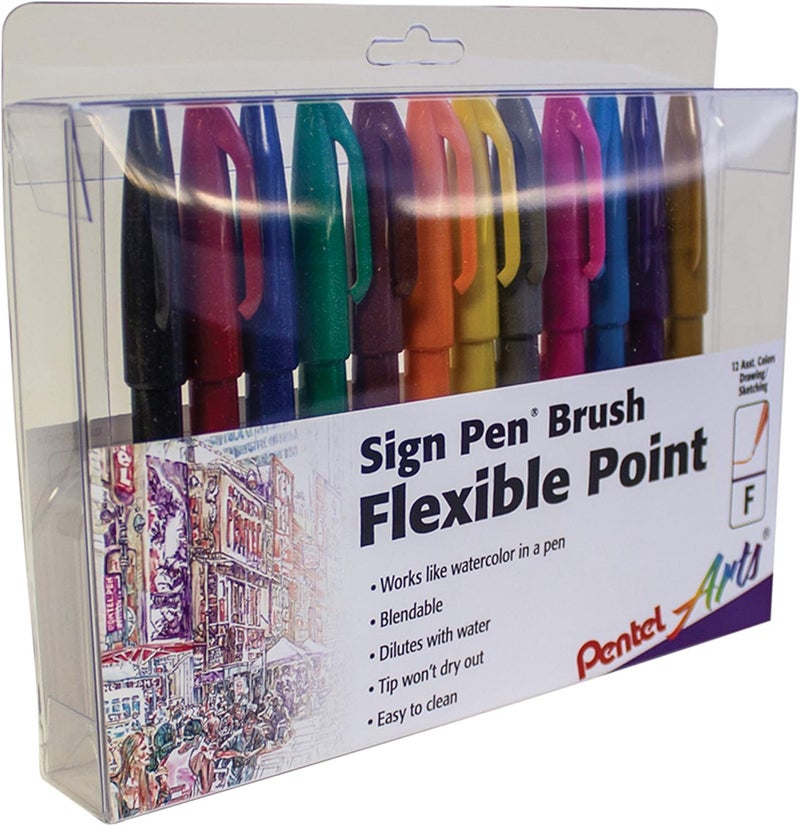 Pentel Arts Sign Pen Touch, Fude Brush Tip, 12 Assorted Colors in Marker Stand (SES15CPC12) - Image 1
