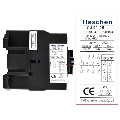 Heschen AC Contactor, CJX2-2501, 24V 50/60Hz Coil, 3P, 3 Pole, Normally Closed, Ie 25A, Ue 380V - Image 5