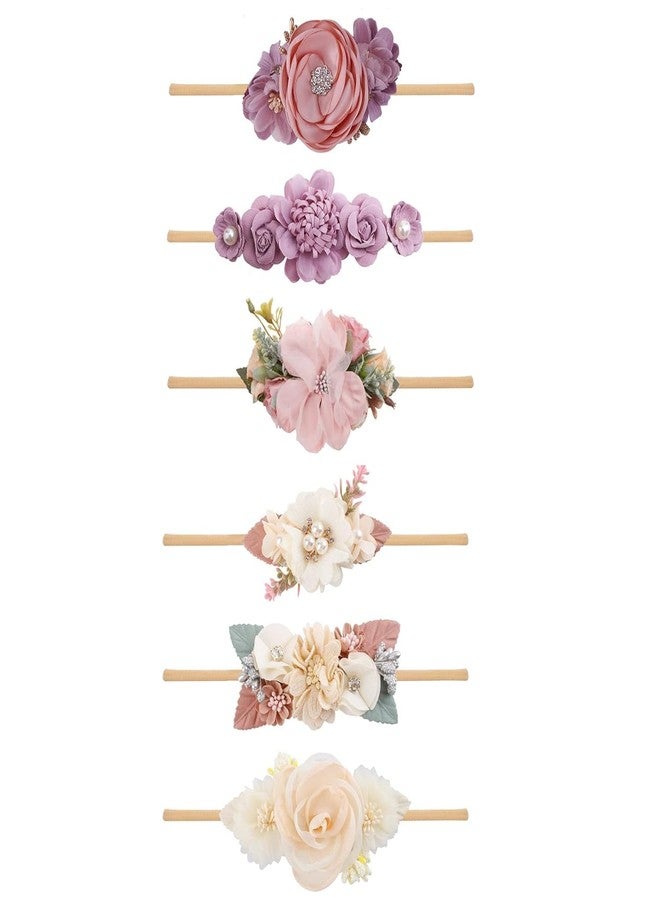 6 Pcs Baby Girl Nylon Headbands Infant Flower Elastic Hair band Bows Wraps For Newborn Toddler Hair Accessories Pack of 6 (A-Beige)