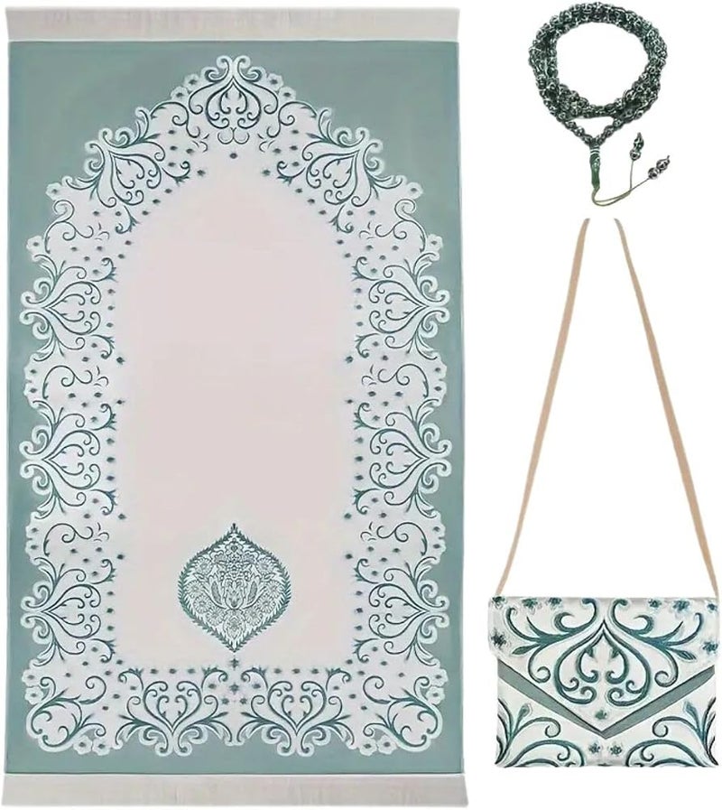 Home Smart Prayer Mat with Prayer Beads and Storage Pouch Portable Mat for Travel Ideal Gift for Men and Women (Sea Green) - Image 1