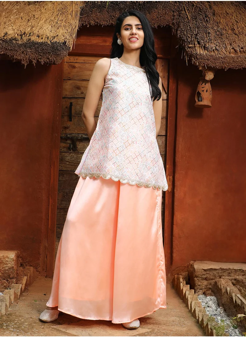  قصة Women's Peach Orange Geometric Kurti With Palazzo