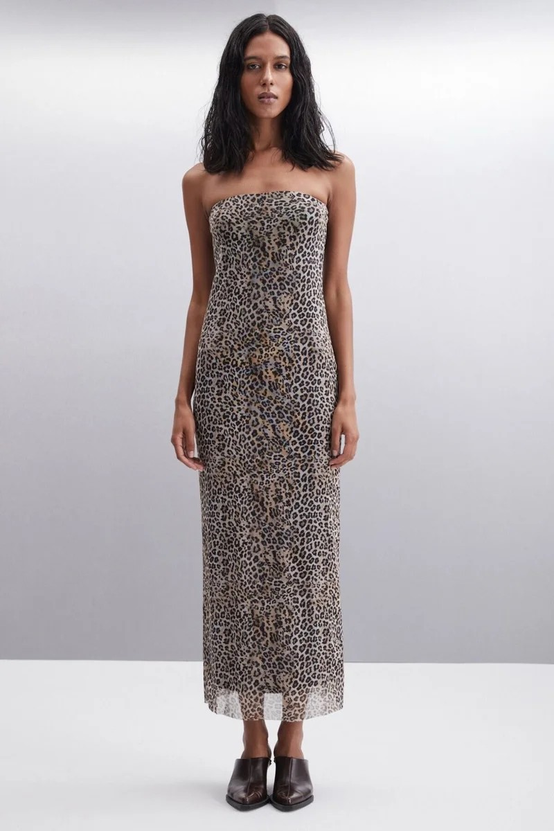 جريميلانج Almeria Women Leopard Print Strapless Off-the-Shoulder Slim Fit Lined Leopard Print Dress