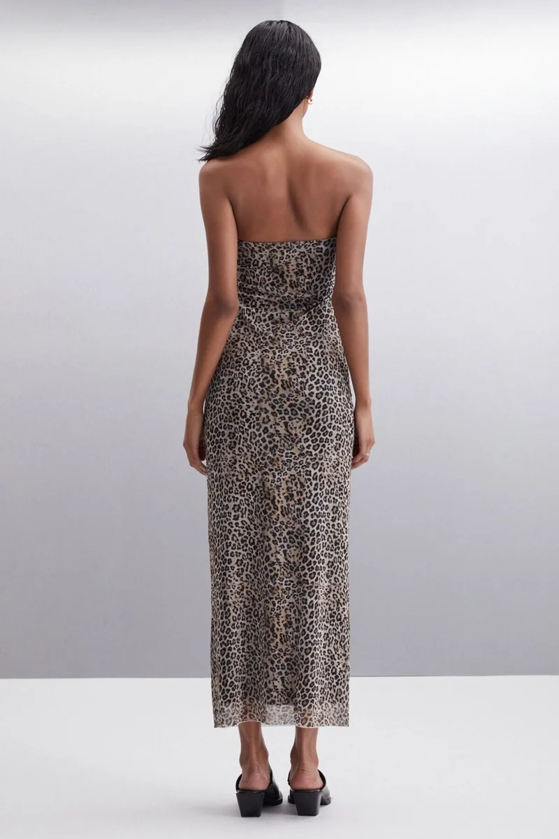 جريميلانج Almeria Women Leopard Print Strapless Off-the-Shoulder Slim Fit Lined Leopard Print Dress