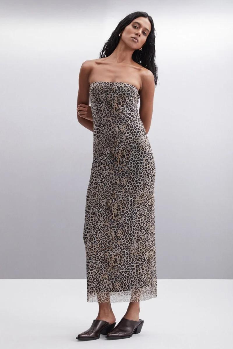 جريميلانج Almeria Women Leopard Print Strapless Off-the-Shoulder Slim Fit Lined Leopard Print Dress