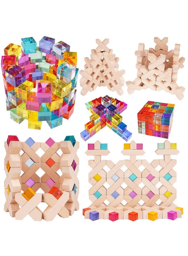 Agirlgle Wooden Rainbow Building Blocks Cube Gem Stacking Blocks Toy - Colorful Montessori Rainbow Stacker Toy Elegant Wood Rainbow Cube Blocks- Acrylic Blocks Educational Toys for Toddlers- 80Pcs - Image 1