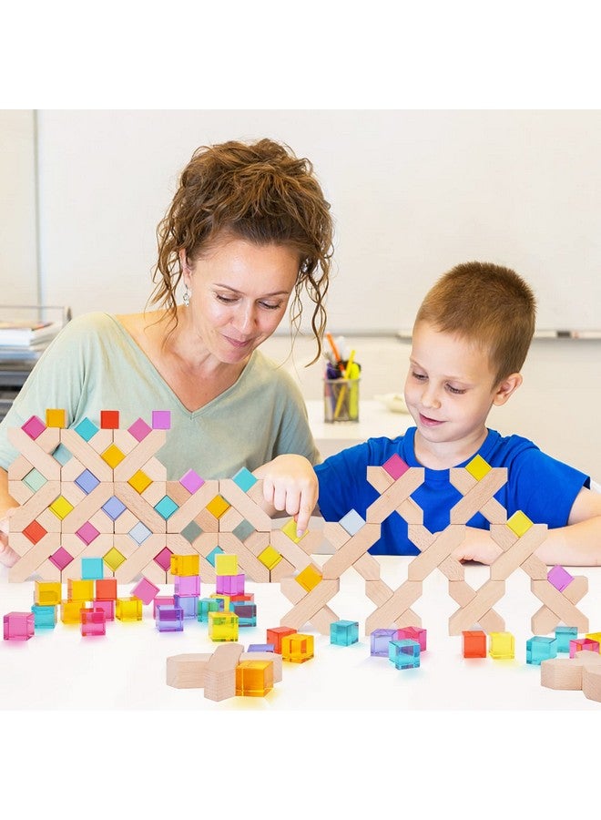 Agirlgle Wooden Rainbow Building Blocks Cube Gem Stacking Blocks Toy - Colorful Montessori Rainbow Stacker Toy Elegant Wood Rainbow Cube Blocks- Acrylic Blocks Educational Toys for Toddlers- 80Pcs - Image 4