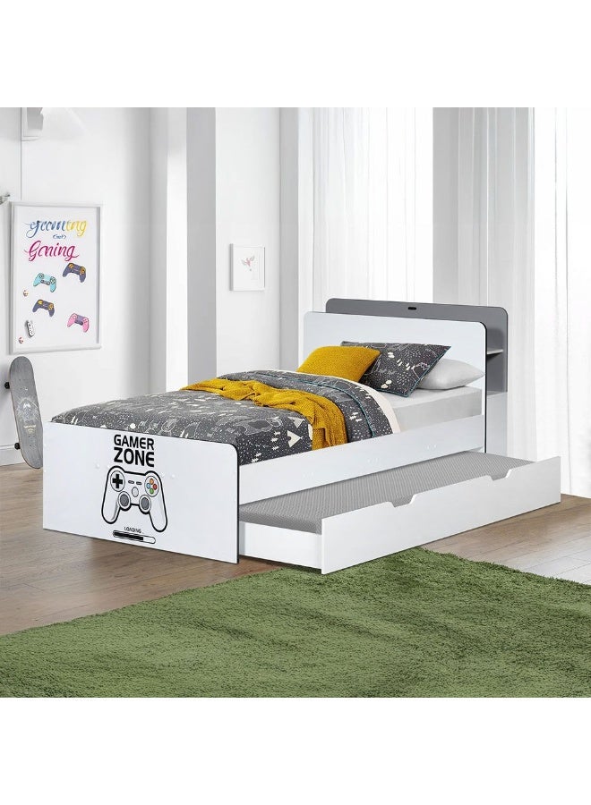 DANUBE HOME سرير تخزين مع رأس سرير Gamerzone 120X200 بتصميم حديث خشبي إطار سرير مفرد أثاث سرير مريح (المرتبة غير مشمولة) L219.5Xw125Xh100Cm-أبيض ورمادي - Image 1