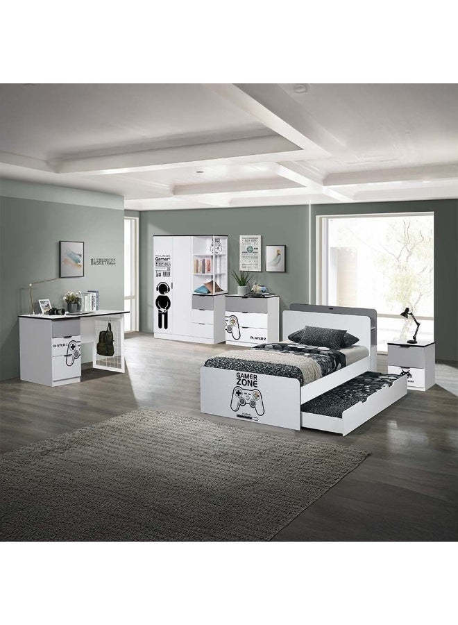 DANUBE HOME سرير تخزين مع رأس سرير Gamerzone 120X200 بتصميم حديث خشبي إطار سرير مفرد أثاث سرير مريح (المرتبة غير مشمولة) L219.5Xw125Xh100Cm-أبيض ورمادي - Image 4