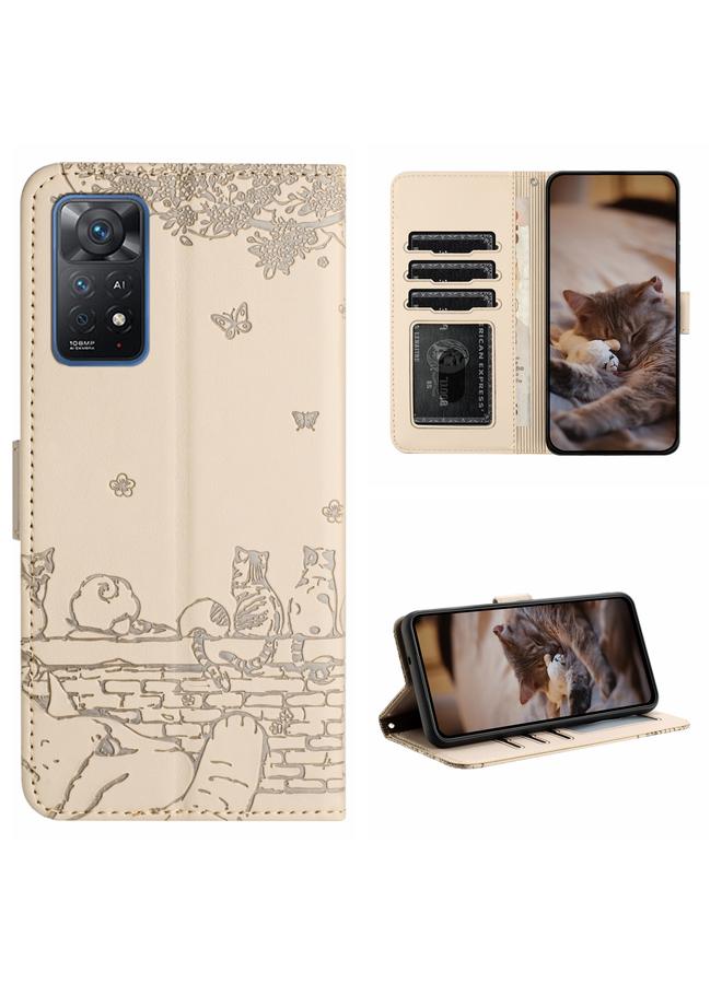 Case For Xiaomi Redmi Note 11 Pro 4G/5G Global Cat Embossing Pattern Leather Phone Case with Lanyard