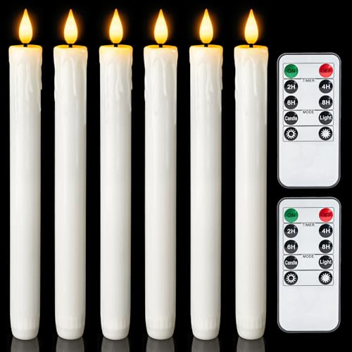 Homemory Real Wax LED Flameless Taper Candles with Timer, Dripless Fake Candlesticks with 3D Flickering Flame, 9.6 Inches White Window Candle for Fireplace Christmas Halloween - Image 1