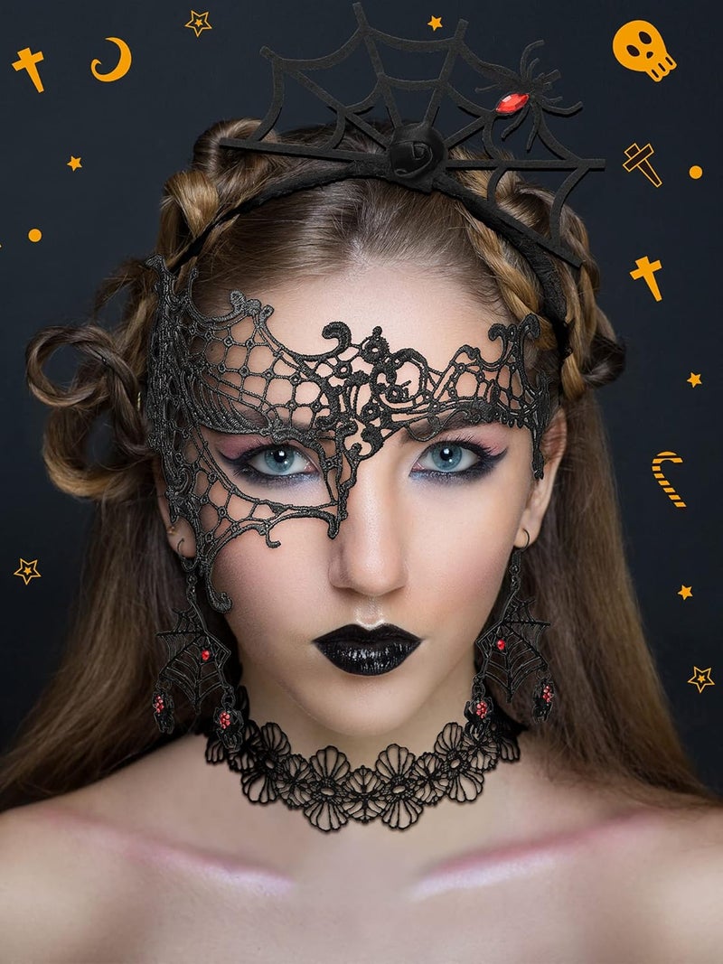 Canlierr 5 Pieces Halloween Spider Hair Hoop Headband Web Earrings Spider Choker Masquerade Mask Lace Gloves for Women Halloween Cosplay Set Steampunk Costume Accessories Party Costume  - Image 3