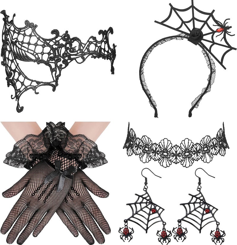 Canlierr 5 Pieces Halloween Spider Hair Hoop Headband Web Earrings Spider Choker Masquerade Mask Lace Gloves for Women Halloween Cosplay Set Steampunk Costume Accessories Party Costume  - Image 1
