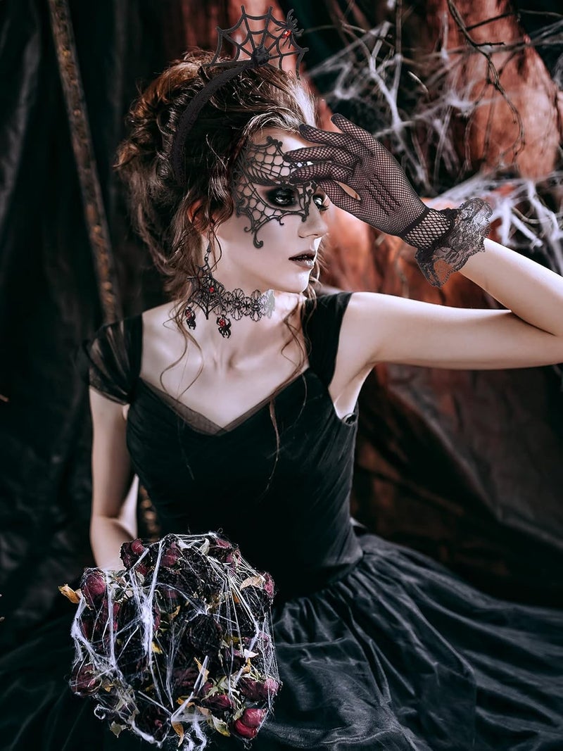 Canlierr 5 Pieces Halloween Spider Hair Hoop Headband Web Earrings Spider Choker Masquerade Mask Lace Gloves for Women Halloween Cosplay Set Steampunk Costume Accessories Party Costume  - Image 2